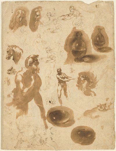 Studier af glaskrukker og figurer (recto) af Ambrogio Figino