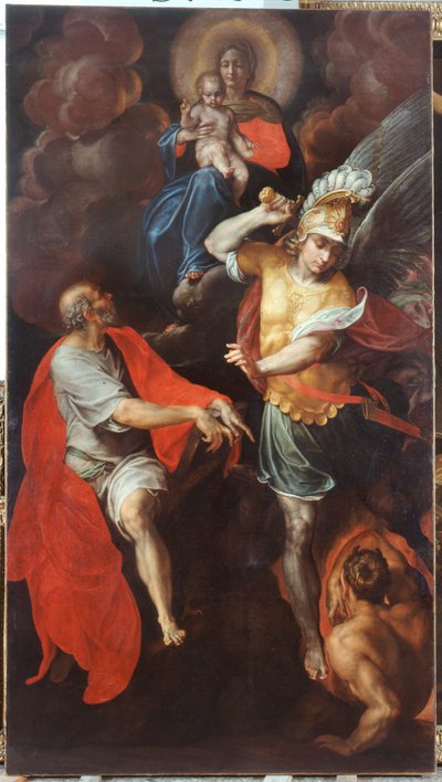Madonna og Barn og Sankt Johannes Evangelisten og Sankt Michael af Ambrogio Giovanni Figino