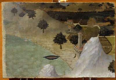 Et slot stående ved en sø - tempera på panel af Ambrogio Lorenzetti