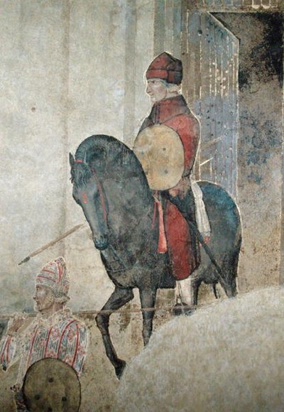 Allegory of Bad Government, detalje af en bevæbnet rytter af Ambrogio Lorenzetti