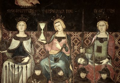 Allegori om god regering, detalje om retfærdighed, håb og storhed, 1338-40 af Ambrogio Lorenzetti