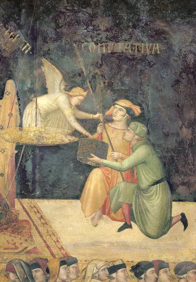 Allegori om god regeringsførelse, detaljer om virkningen af kommutativ retfærdighed, 1338-40 af Ambrogio Lorenzetti