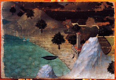 Slottet ved søen, af Ambrogio Lorenzetti (1319-1347), maleri på træ, 22x33 cm. af Ambrogio Lorenzetti