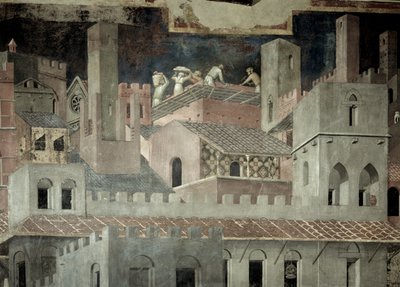Effekter af god regering i byen, detaljer om arkitektur og konstruktion af et hus af Ambrogio Lorenzetti