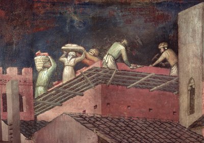 Effekter af god regering i byen, detaljer om arbejdere, der bygger et hus af Ambrogio Lorenzetti