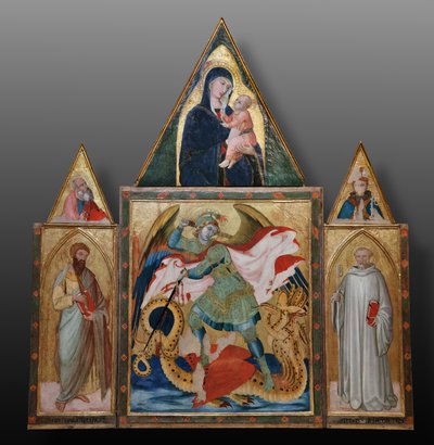 Ærkeenglen Sankt Michael dræber dragen mellem de hellige Benedikt og Bartholomæus (tempera på panel) af Ambrogio Lorenzetti