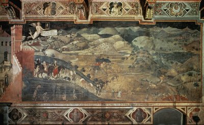 Landskabet (detalje af virkningerne af god regeringsførelse i byer og på landet) - Fresco af Ambrogio Lorenzetti (1285-1348?), 390x810 cm af Ambrogio Lorenzetti