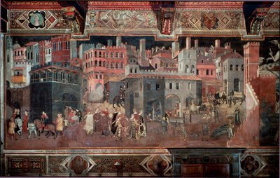 "Effekterne af god og dårlig regering på byen og landet." Detalje af byen. Fresco af Ambrogio Lorenzetti (1290-1348) af Ambrogio Lorenzetti