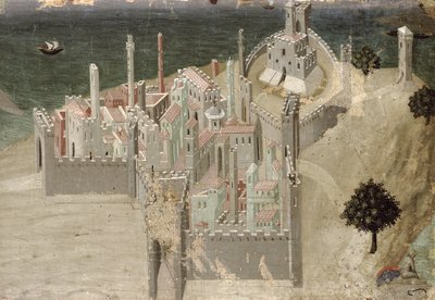 Udsigt over en kystby (olie på panel) af Ambrogio Lorenzetti