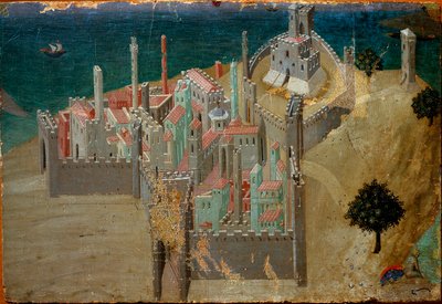 Udsigt over en befæstet by nær havet Detalje. Detrempe på træ af Ambrogio Lorenzetti af Ambrogio Lorenzetti