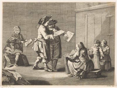 Fem mænd og kvinder ser på billeder af Ambrogio Orio
