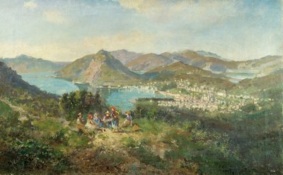 Lugano set fra Curreglia, af Ambrogio Preda (1839-1906), olie på lærred, 48x76 cm af Ambrogio Preda
