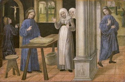 Bønnen, sigtens mirakel og afgangen til Subiaco, predella-panel fra en altertavle, der forestiller scener fra St. Benedikts liv, 1488-95 af Ambrogio da Fossano