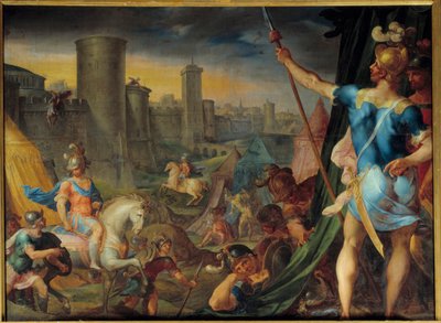 Korstogenes lejr foran Jerusalem Fra serien "" History of Tancred and Clorinde"" der illustrerer "" Jerusalem er ødelagt""" af digteren The Cup (Il tasso) Maleri af Ambroise Dubois (1542-1614) Søn . ... 1,62 x 2,15 m Springvand. Chatea af Ambroise Dubois