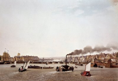 Udsigt over flodtrafikken på Seinen til Rouen. Akvarel af Ambroise Louis Garneray (1783-1857) Paris fra det 19. århundrede, B.N. af Ambroise Louis Garneray