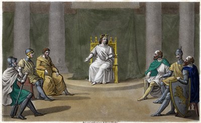 Caribert eller Chérebert, konge af Paris (561 - 567), holdt råd, hvor han gav retfærdighed. Designet og indgraveret af Ambroise Tardieu i 1825. af Ambroise Tardieu
