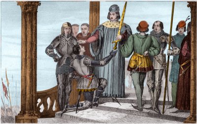 Charles V (1358-80) den Vise overrækker sit sværd til Duguesdin - Charles V Le sage (1338-1380) overrækker højtideligt sværdet af forbundne Bertrand du Guesclin (1320-1380) - Indgravering 1825 i "Histoire de France repræsenteret ved synoptiske malerier" de af Ambroise Tardieu