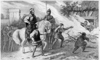 Chlothar I (497-561) brænder sin oprørske søn og familie, 560 - Clotaire (Clothaire) I (497-561), konge af francerne, brænder sin søn Chramne (Chram, Chramn) og hans kone i 560, som gjorde oprør mod ham - Indgravering 1825 i “Histoire de France repræsenter af Ambroise Tardieu