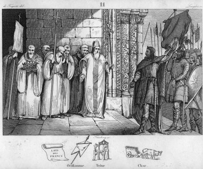 Dagobert 603 til 639, der tager banneret ned ved St. Denis - Dagobert I, kongen af frankerne, der har skabt klosteret Saint-Denis, har oriflamen deponeret der omkring 634 - Indgravering af 1825 i "Histoire de France repræsenteret ved synoptiske malerier de af Ambroise Tardieu