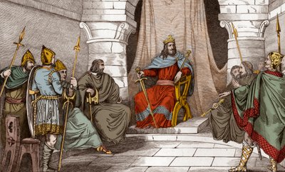 Kong Charibert (521-567) i råd med magistrater - Caribert eller Cherebert, konge af Paris (561-567), der holder råd, eller han ydede retfærdighed - Indgravering af 1825 i "Histoire de France repræsenteret af synoptiske malerier dediee til Frankrigs børn og af Ambroise Tardieu