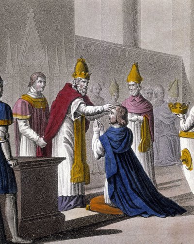 Ludvig II blev indviet anden gang ved koncilet i Troyes af Johannes VIII i 879 (detalje af 33595). Designet og indgraveret af Ambroise Tardieu i 1825. af Ambroise Tardieu