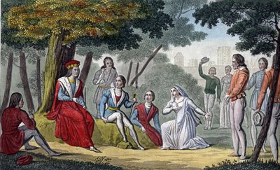 Louis IX, kendt som "Saint-Louis" (1214-1270), der yder retfærdighed til alle sine undersåtter i Vincennes-skoven - Designet og indgraveret af Ambroise Tardieu i 1825. af Ambroise Tardieu