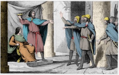 Ludvig V den Indolente viser sin krone til sine tilhængere i 986 - Louis V le Faineant (ca. 967-987), udråbt til konge af Frankrig ved beskyttelse af Hugues Capet, der blev konge af Frankrig, i 986 - Indgravering af 1825 i “ Histoire de France repræsentere af Ambroise Tardieu