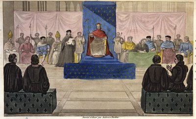 Philip IV samler på Louvre Generalstænderne, sammensat af gejstlige, adel og fremtrædende borgerlige eller tredjestater, som først blev optaget i det i 1301 - Designet og indgraveret af Ambroise Tardieu i 1825. af Ambroise Tardieu