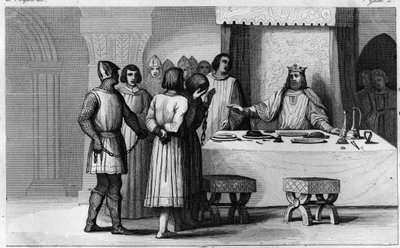 Robert II, den fromme (ca. 970-1031) løslader konspiratorer - Robert II dit "The Pious"" (ca. 972-1031), capetianernes dynasti - Da han vidste, at 2 sammensvorne var blevet dømt til døden, gjorde han dem kommunister, behandle smukt og derefter give frihed  af Ambroise Tardieu