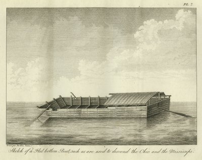 Skitse af en fladbundet båd, sådan som bruges til at sejle ned i Ohio og Mississippi, udgivet i 1826 af Ambroise Tardieu