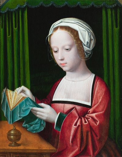 Magdalenlæsningen (olie på panel) af Ambrosius (follower of) Benson