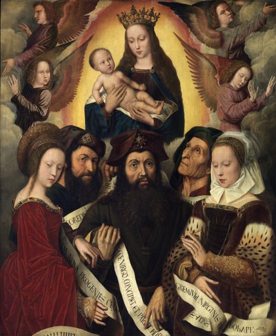 Hollandsk: Maria med barn omgivet af engle, profeter og sibyller Deipara Virgo af Ambrosius Benson
