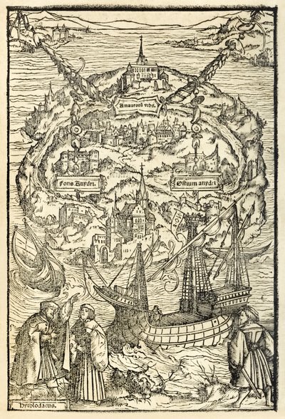 Kort over den nye ø Utopia fra en 1518-udgave af Utopia af Sir Thomas More (1478-1535), første gang udgivet i 1516. Træsnit af Ambrosius Holbein (ca. 1494-c. 1519), der viser øen med hovedpersoner af Ambrosius Holbein