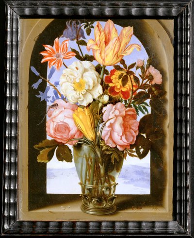 Blomsterbuket i en stenbue, der åbner sig mod en ... af Ambrosius II Bosschaert