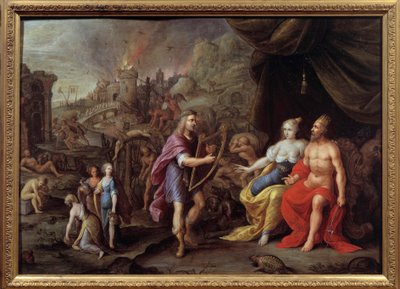 Orphees repræsentation i underverdenen Orphee beder med sin lyre om tilladelse fra Zeus til at slutte sig til Eurydice i underverdenen. Maleri af Ambrosius Francken (1544-1618) 1600-tallet Nimes, Museum of Fine Arts. af Ambrosius the Elder Francken or Franck
