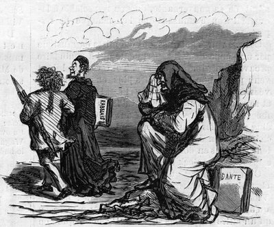 Stakkels Dante begynder at græde, da han ser Gustave Dore arm-og-arm-og-arm-ned med den lille Rabelais-mand. Tegnefilm af Cham. Indgravering i "" Le Monde Illustré"" nr. 821 af 4. januar af Amédée de Noé