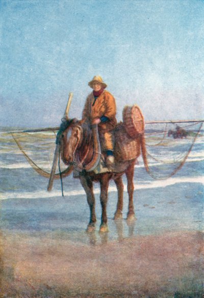A Shrimper on Horseback, Coxyde (farvelitografi) af Amedee (after) Forestier