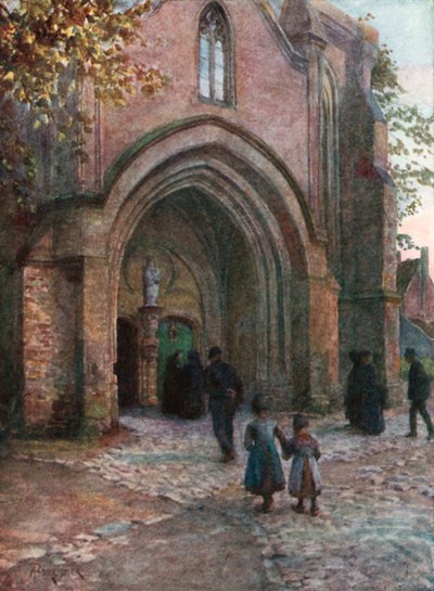 Kirkens våbenhus (aftensang), Nieuport (farvelitografi) af Amedee (after) Forestier