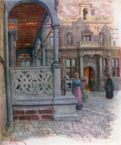 Peristyl på rådhuset og Palais de Justice, Furnes (farvelitografi) af Amedee (after) Forestier