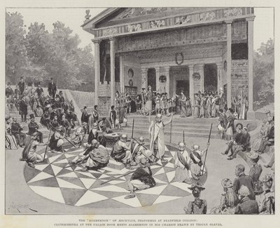 "Agamemnon" af Aeschylus, opført på Bradfield College, Clytemnestra ved paladsdøren møder Agamemnon i sin vogn tegnet af sine trojanske slaver (litho) af Amedee (after) Forestier