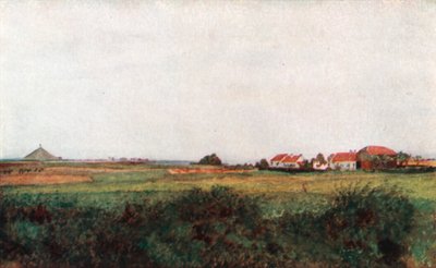La Belle Alliance-gården og højen med den belgiske løve, Waterloo (farvelitografi) af Amedee (after) Forestier