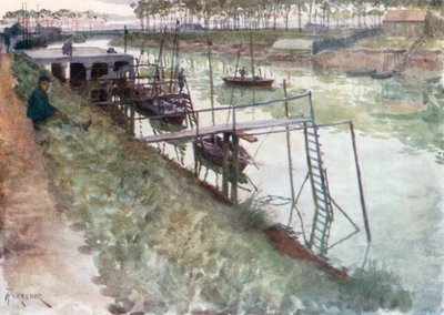 Kajen med ålebåde og landgangsbroer, Nieuport (farvelitografi) af Amedee (after) Forestier