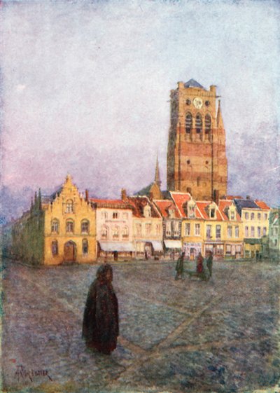 Tower of St Nicholas, Furnes (farvelitografi) af Amedee (after) Forestier