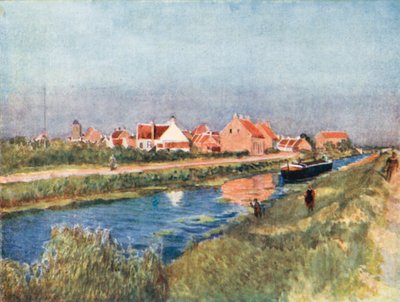 Landsby og kanal, Adinkerque (farvelitografi) af Amedee (after) Forestier