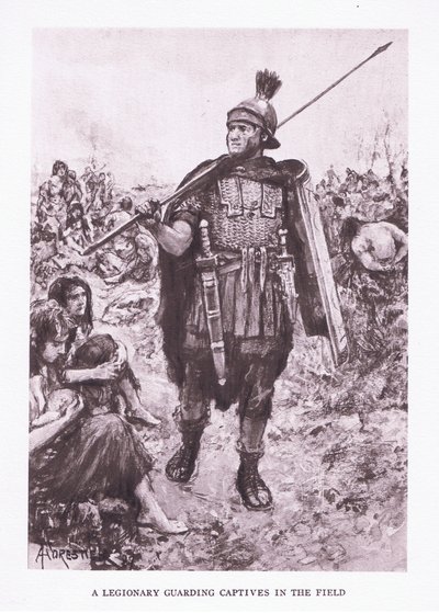 En legionær, der bevogter fanger på en mark, illustration fra The Roman Soldier, 1928 af Amedee Forestier