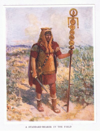 En fanebærer i marken, illustration fra The Roman Soldier, 1928 af Amedee Forestier