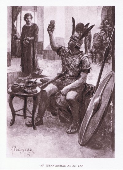 En infanterist på en kro, illustration fra The Roman Soldier, 1928 af Amedee Forestier