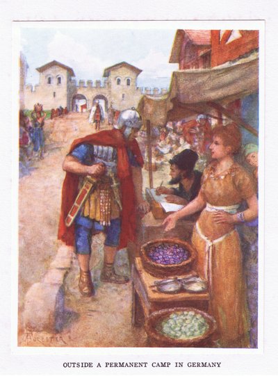 Uden for en permanent lejr i Tyskland, illustration fra Den romerske soldat, 1928 af Amedee Forestier