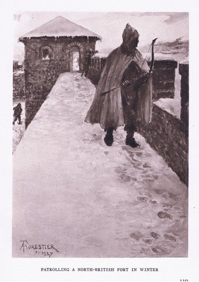 Patruljerer et nordbritisk fort om vinteren, illustration fra The Roman Soldier, 1928 af Amedee Forestier