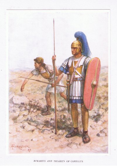 Rorarius og Triarius ved Camillus, illustration fra The Roman Soldier, 1928 af Amedee Forestier
